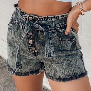 Black Acid Wash Paperbag High Rise Short